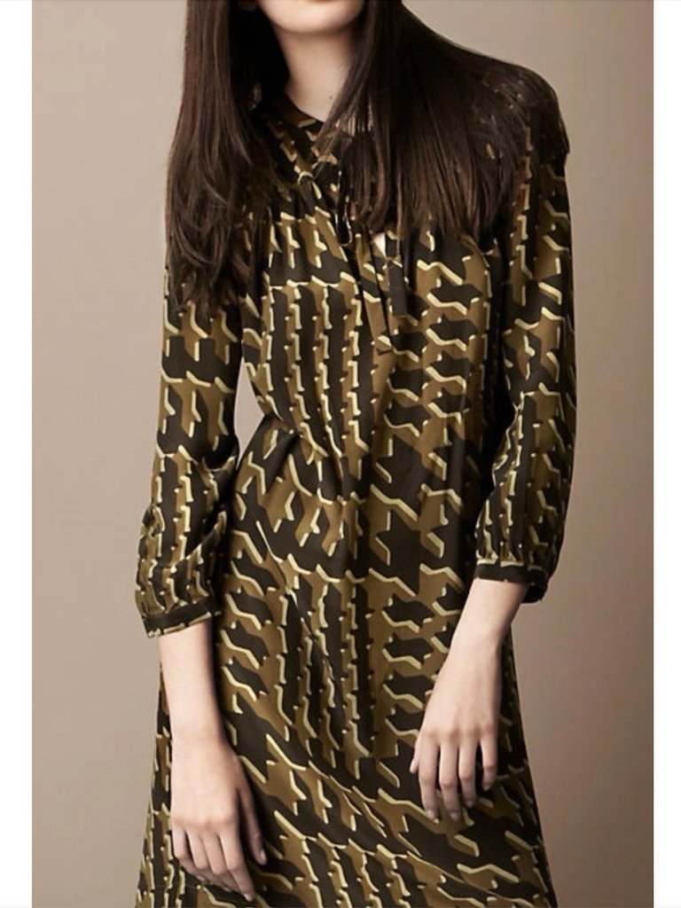 Nwt Burberry Brit Silk Tie Neck Shift Dress Geometric Print Pockets Us 6